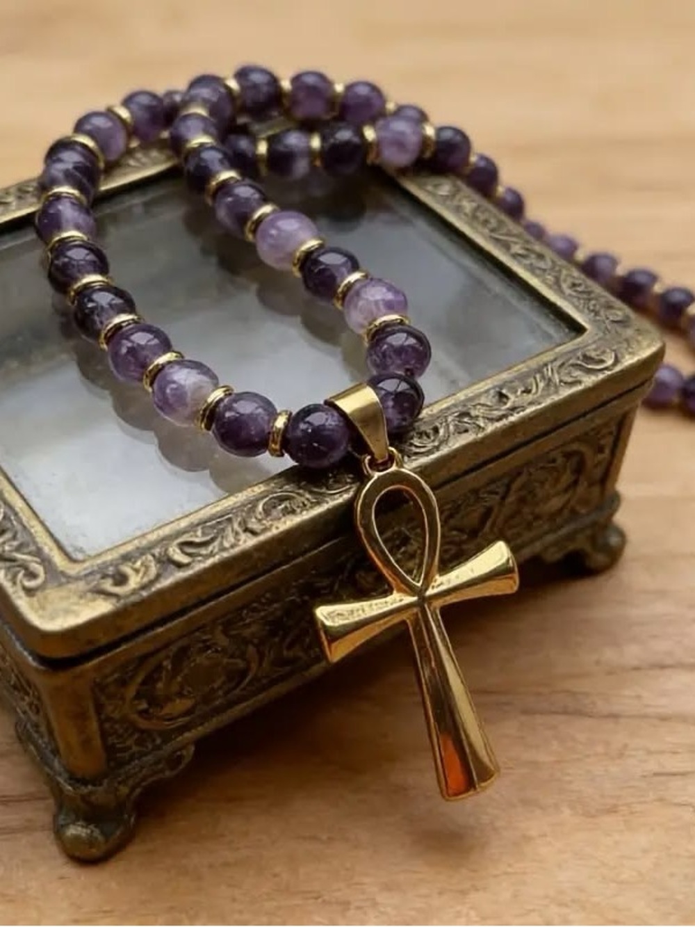 Purple amethyst Beaded Necklace with Gold plated Ankh Pendant. - Picture 1 of 3
